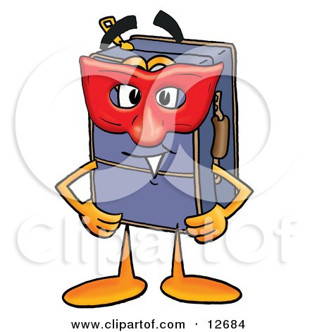 Clipart Picture of a Suitcase Cartoon Character Wearing a Red Mask Over His Face by Mascot Junction