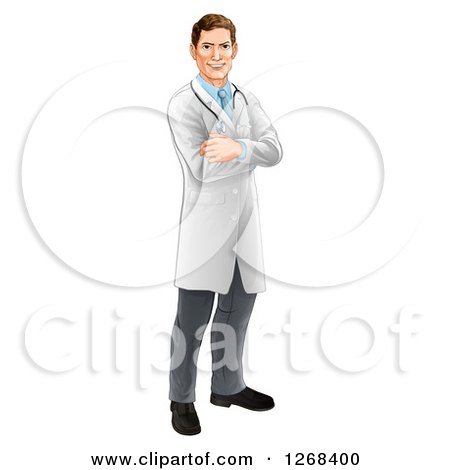 Clipart of a Full Length Pose of a Handsome Caucasian Male Doctor with Folded Arms - Royalty Free Vector Illustration by AtStockIllustration