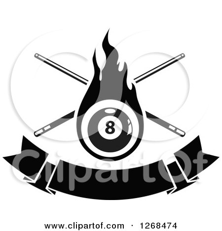 Clipart of a Black and White Flaming Eightball with Billiards Cue Sticks over a Blank Banner - Royalty Free Vector Illustration by Vector Tradition SM
