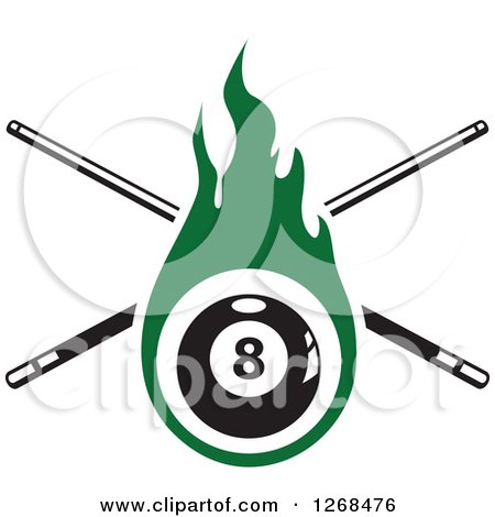 Clipart of a Green Flaming Eightball with Crossed Billiards Cue Sticks - Royalty Free Vector Illustration by Vector Tradition SM
