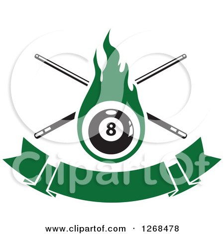 Clipart of a Green Flaming Eightball with Billiards Cue Sticks over a Blank Banner - Royalty Free Vector Illustration by Vector Tradition SM