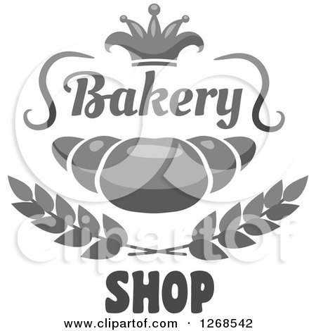 Clipart of a Grayscale Croissant with Wheat, Text and a Crown - Royalty Free Vector Illustration by Vector Tradition SM