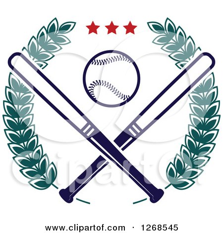 Clipart of a Navy Blue Baseball and Crossed Bats with Stars in a Green Laurel Wreath - Royalty Free Vector Illustration by Vector Tradition SM