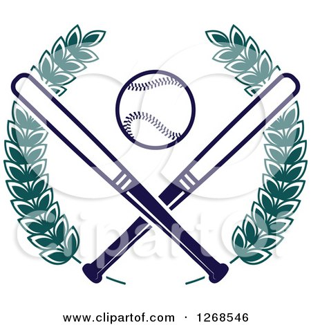 Clipart of a Navy Blue Baseball and Crossed Bats in a Green Laurel Wreath - Royalty Free Vector Illustration by Vector Tradition SM