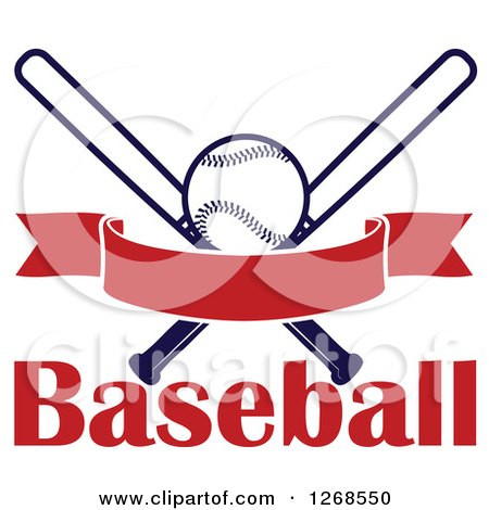 Clipart of a Navy Blue Baseball and Crossed Bats with a Blank Red Banner over Text - Royalty Free Vector Illustration by Vector Tradition SM