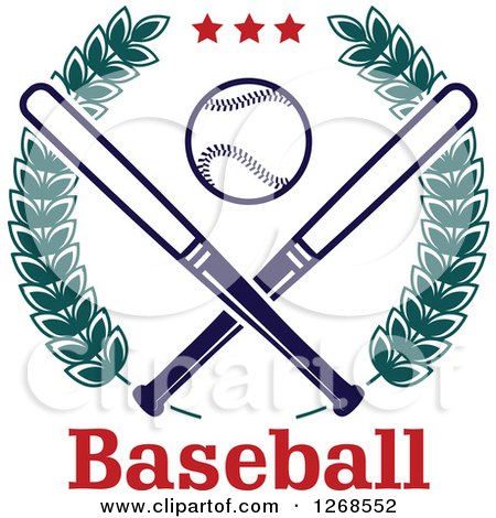 Clipart of Stars over a Navy Blue Baseball and Crossed Bats in a Green Laurel Wreath over Text - Royalty Free Vector Illustration by Vector Tradition SM