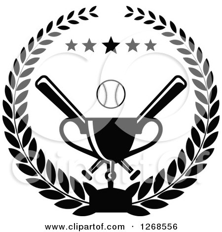 Clipart of a Black and White Championship Trophy, Stars and Baseball with Crossed Bats in a Wreath - Royalty Free Vector Illustration by Vector Tradition SM