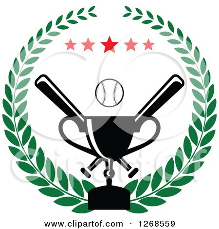 Clipart of a Championship Trophy and Baseball with Crossed Bats and Stars in a Wreath - Royalty Free Vector Illustration by Vector Tradition SM