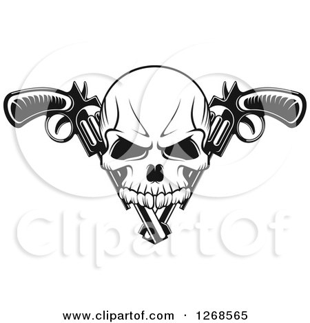 Clipart of a Black and White Gangster Skull over Crossed Pistols - Royalty Free Vector Illustration by Vector Tradition SM