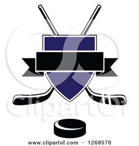 Clipart of a Crossed Black and White Hockey Sticks Behind a Blue Shield over a Puck with a Blank Black Banner - Royalty Free Vector Illustration by Vector Tradition SM