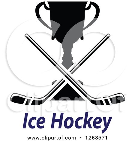 Clipart of a Black and White Trophy Cup with Crossed Hockey Sticks over Blue Text - Royalty Free Vector Illustration by Vector Tradition SM