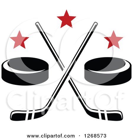 Clipart of Black and White Hockey Pucks and Crossed Sticks with Red Stars - Royalty Free Vector Illustration by Vector Tradition SM