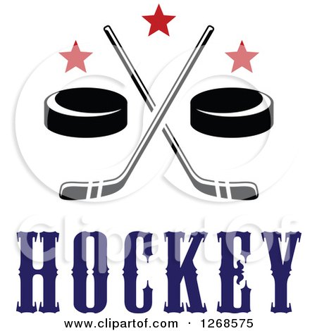 Clipart of Black and White Hockey Pucks and Crossed Sticks with Red Stars and Text - Royalty Free Vector Illustration by Vector Tradition SM