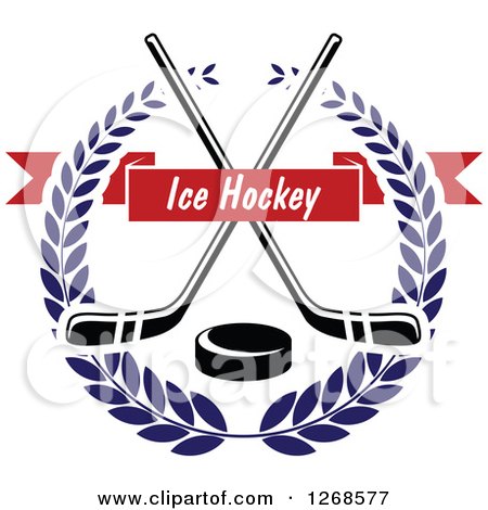 Clipart of a Black and White Crossed Hockey Sticks and Puck in a Blue Wreath with a Red Text Banner - Royalty Free Vector Illustration by Vector Tradition SM