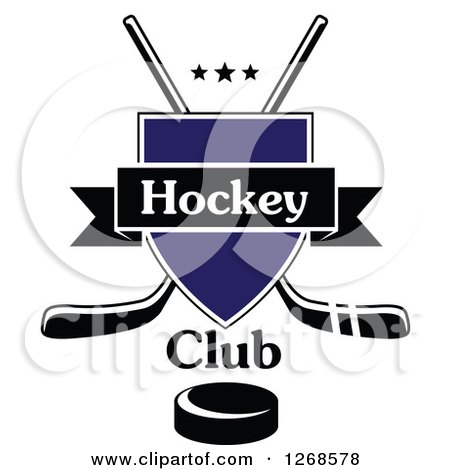 Clipart of a Crossed Black and White Hockey Sticks Behind a Blue Shield with Stars, Text, a Puck and Banner - Royalty Free Vector Illustration by Vector Tradition SM