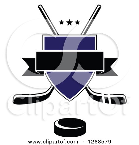 Clipart of a Crossed Black and White Hockey Sticks Behind a Blue Shield over a Puck with a Blank Black Banner and Stars - Royalty Free Vector Illustration by Vector Tradition SM