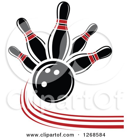 Clipart of a Bowling Ball Crashing into Red and Black Pins - Royalty Free Vector Illustration by Vector Tradition SM