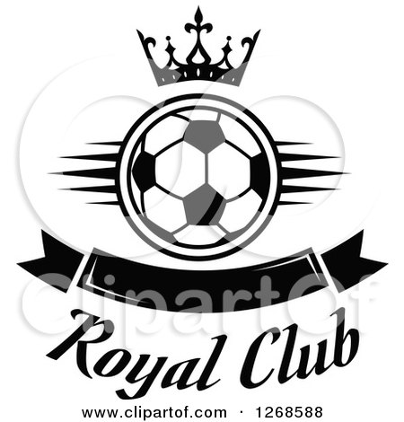 Clipart of a Black and White Crown over a Soccer Ball and Blank Banner with Royal Club Text - Royalty Free Vector Illustration by Vector Tradition SM