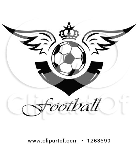 Clipart of a Black and White Winged Soccer Ball with a Crown and Blank V Shaped Banner Above Football Text - Royalty Free Vector Illustration by Vector Tradition SM