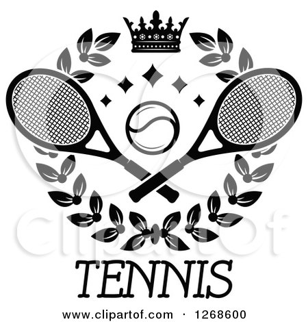 Clipart of a Black and White Crown and Laurel Wreath with a Tennis Ball and Rackets over Text - Royalty Free Vector Illustration by Vector Tradition SM