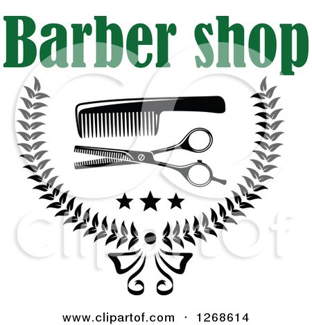 Clipart of Green Text over a Black and White Barber Design with a Comb, Scissors, Stars and Wreath - Royalty Free Vector Illustration by Vector Tradition SM