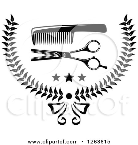 Clipart of a Black and White Barber Design with a Comb, Scissors, Stars and Wreath - Royalty Free Vector Illustration by Vector Tradition SM