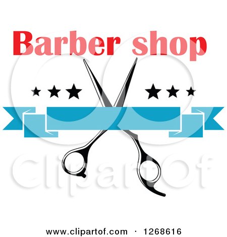 Clipart of a Red Barber Shop Text over Scissors, Stars and a Blank Blue Banner - Royalty Free Vector Illustration by Vector Tradition SM