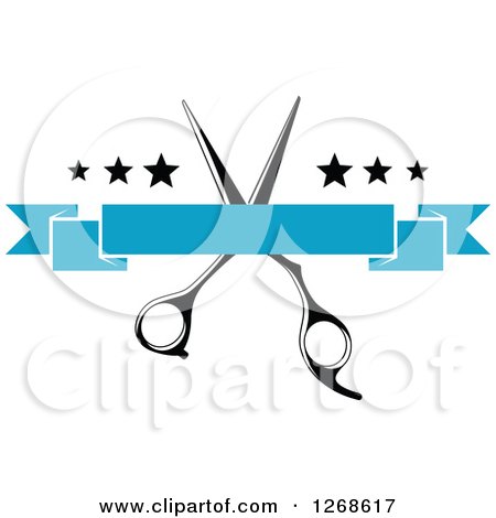 Clipart of a Black and White Barber Shop Scissors, Stars and a Blank Blue Banner - Royalty Free Vector Illustration by Vector Tradition SM