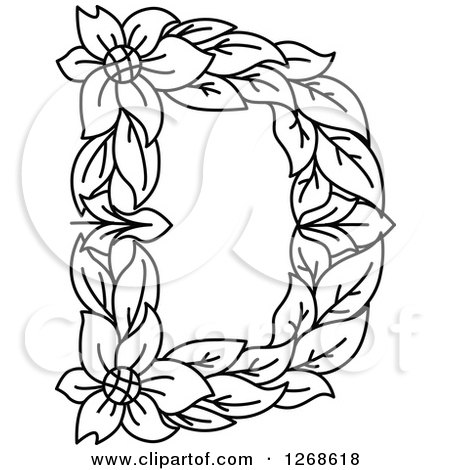 Clipart of a Black and White Floral Capital Letter D with a Flower - Royalty Free Vector Illustration by Vector Tradition SM