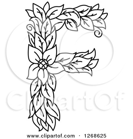 Clipart of a Black and White Floral Capital Letter F with a Flower - Royalty Free Vector Illustration by Vector Tradition SM