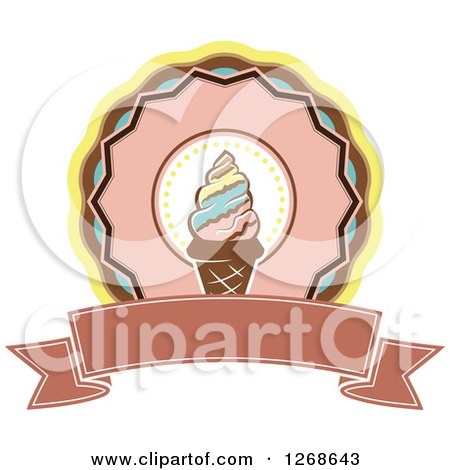 Clipart of a Round Waffle Ice Cream Cone Badge with a Blank Banner - Royalty Free Vector Illustration by Vector Tradition SM