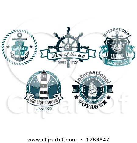 Clipart of Navy Blue Anchors, Helm, Ship, and Lighthouse Designs - Royalty Free Vector Illustration by Vector Tradition SM