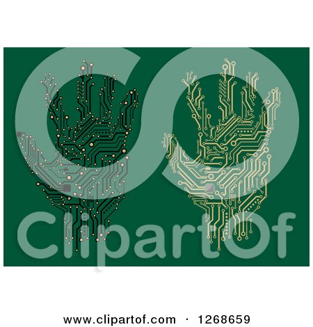 Clipart of Computer Circuit Hand Prints on Green - Royalty Free Vector Illustration by Vector Tradition SM