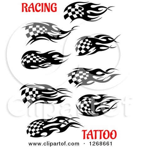 Clipart of Black and White Flaming Checkered Tribal Racing Flags with Red Text - Royalty Free Vector Illustration by Vector Tradition SM