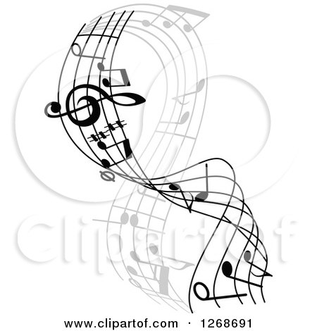 Clipart of a Grayscale Flowing Music Note Wave Design - Royalty Free Vector Illustration by Vector Tradition SM