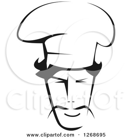 Clipart of a Black and White Chef Face with a Toque and Mustache - Royalty Free Vector Illustration by Vector Tradition SM