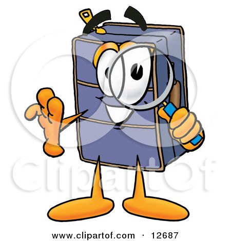 Clipart Picture of a Suitcase Cartoon Character Looking Through a Magnifying Glass by Mascot Junction