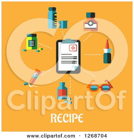 Clipart of a Clip Board and Medical Items over Recipe Text on Orange - Royalty Free Vector Illustration by Vector Tradition SM