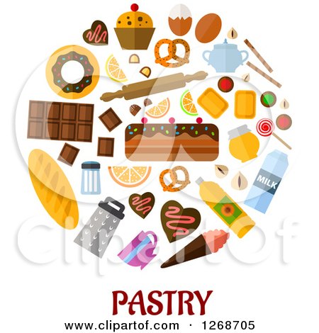 Clipart of Foods and Accessories over Pastry Text on White - Royalty Free Vector Illustration by Vector Tradition SM