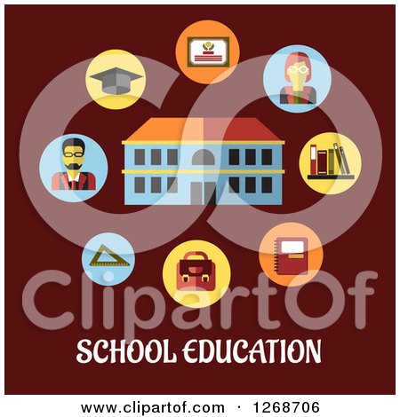 Clipart of a School Building with Teachers and Items over Text on Maroon - Royalty Free Vector Illustration by Vector Tradition SM