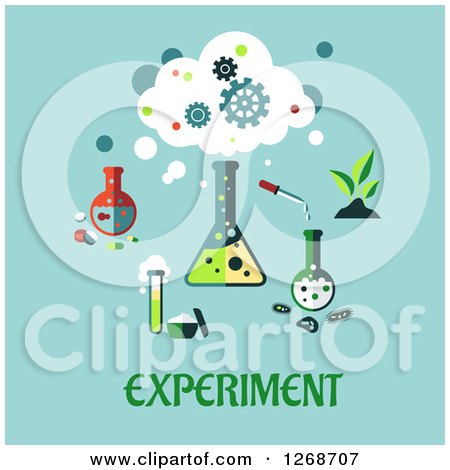 Clipart of a Science Lab Equipment over Experiment Text on Blue - Royalty Free Vector Illustration by Vector Tradition SM