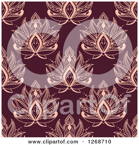 Clipart of a Seamless Pattern Background of Pink Lotus Henna Flowers on Maroon - Royalty Free Vector Illustration by Vector Tradition SM