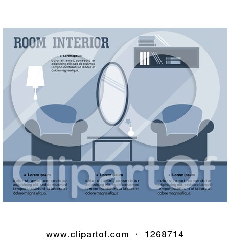Clipart of a Blue Toned Living Room or Lobby Interior with Text - Royalty Free Vector Illustration by Vector Tradition SM