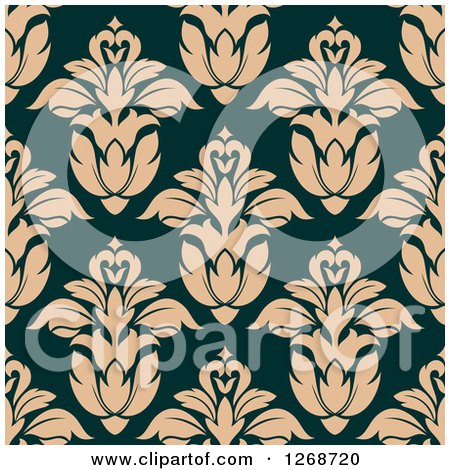 Clipart of a Seamless Background Pattern of Tan Damask Floral on Teal - Royalty Free Vector Illustration by Vector Tradition SM