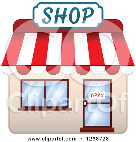 Clipart of a Shop with an Open Sign in the Door - Royalty Free Vector Illustration by Vector Tradition SM