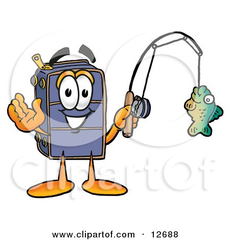Clipart Picture of a Suitcase Cartoon Character Holding a Fish on a Fishing  Pole by Mascot Junction #12688