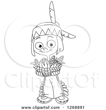 Clipart of a Black and White Happy Cute Native American Indian Boy Holding a Basket of Thanksgiving Corn - Royalty Free Vector Illustration by yayayoyo