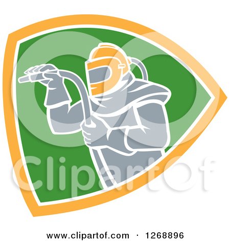 Clipart of a Sandblaster in a Yellow White and Green Shield - Royalty Free Vector Illustration by patrimonio
