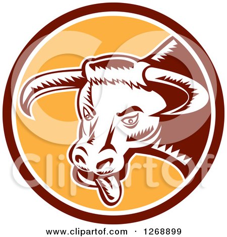 Clipart of a Retro Woodcut Longhorn Bull with Its Tongue Hanging out in a Brown White and Yellow Circle - Royalty Free Vector Illustration by patrimonio