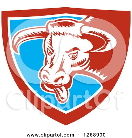 Clipart of a Retro Woodcut Longhorn Bull with Its Tongue Hanging out in a Red White and Blue Shield - Royalty Free Vector Illustration by patrimonio